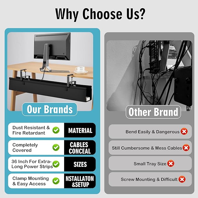 Desk Cable Management Tray, Fabric Cable Organizer, No Drill Large Clamp/Screw - Image 3