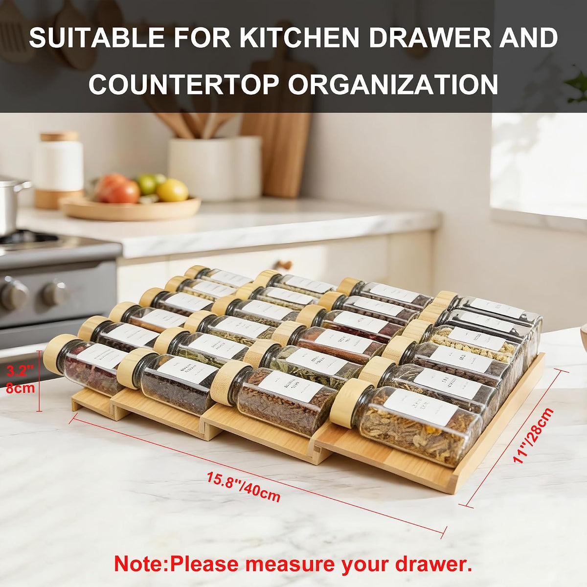 Spice Drawer Organizer with 24 Bamboo-lidded Spice Jars,216 Labels,25 Non-sli...