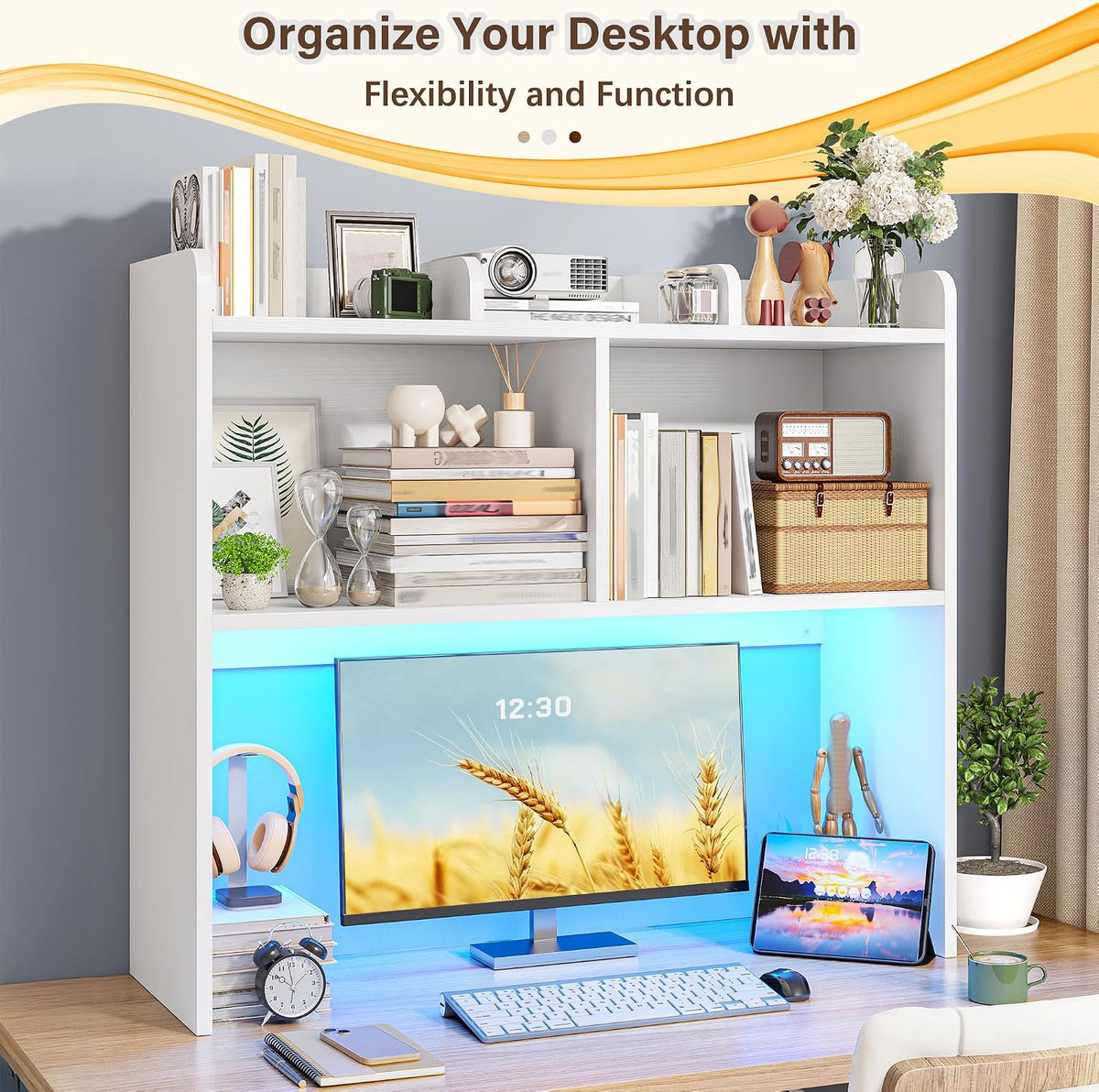REIBII 3-Tier Desk Hutch with LED Light,6-Shelf Desktop Organizer,White