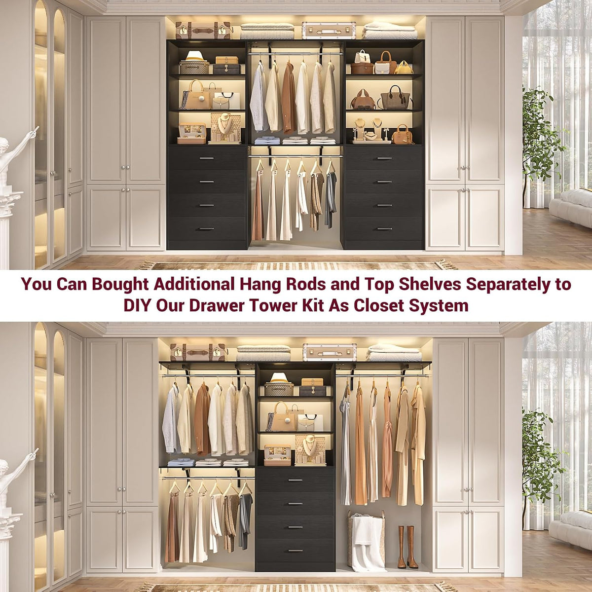 Aheaplus Closet Drawers System, 21.3" Wood Closet Organizer System, Black