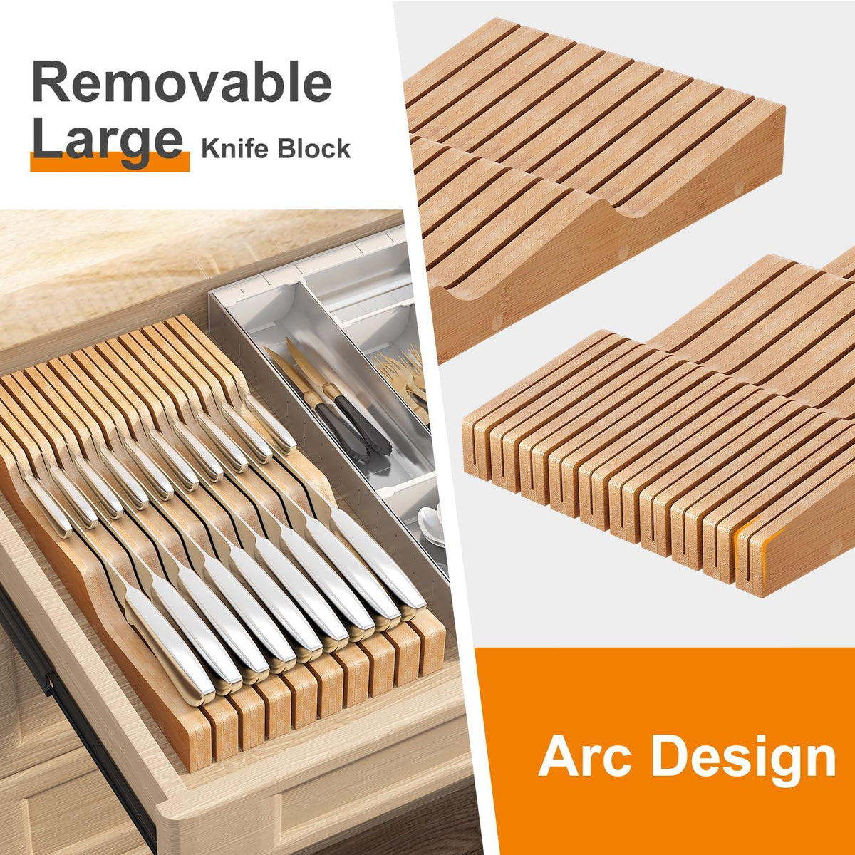 In-Drawer Knife Block Organizer - Bamboo Wood Drawer Knife Organizer-Protecti...