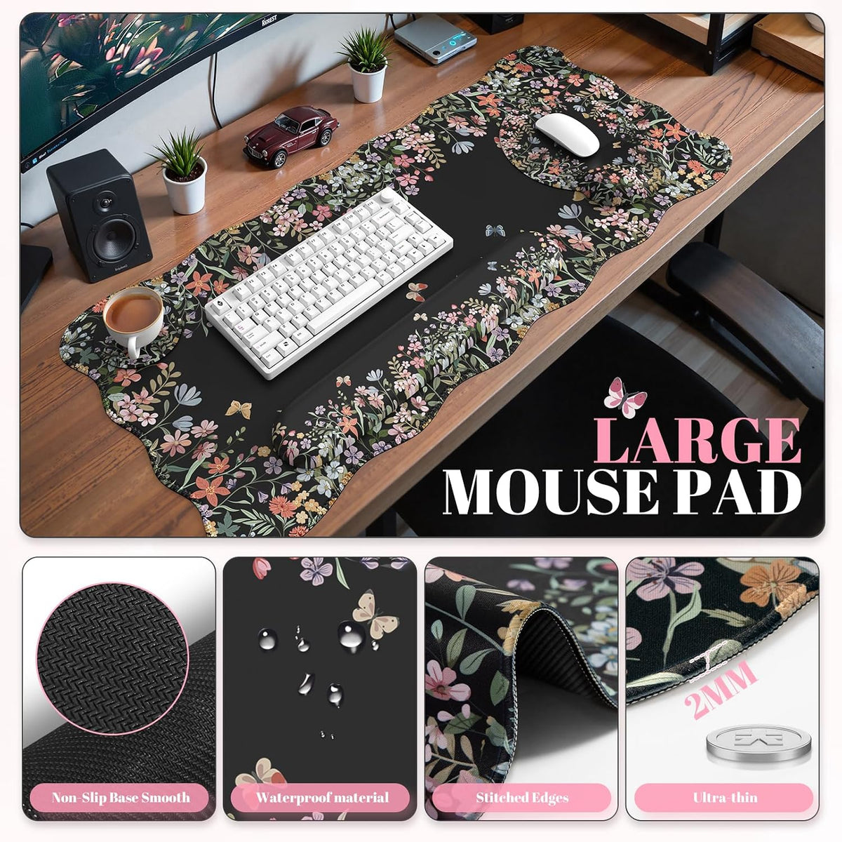 iCasso Black 4in1 Mousepad, 35.4"x15.7" Desk Blotter for Classroom