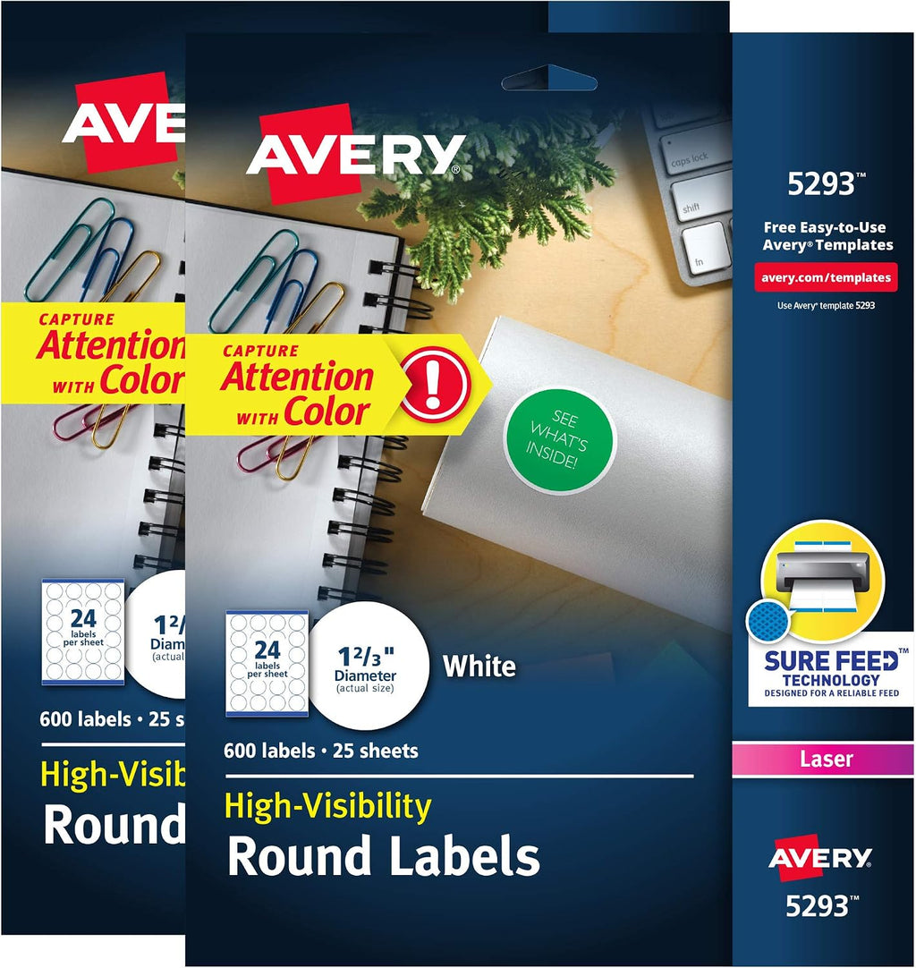 Avery White High Visibility Round Labels with Sure Feed, Permanent, 1-2/3", 2 Pack, 1,200 Labels Total (32135)