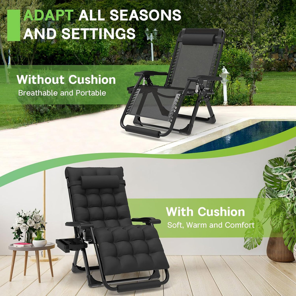 ZENPETIO 29In XL Zero Gravity Chair, 440LBS with Cushion