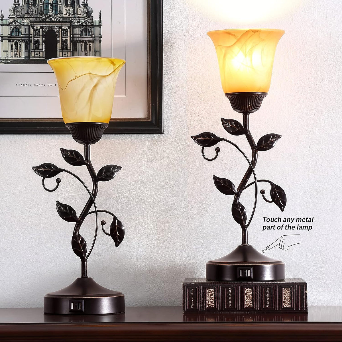 touch control leaf vintage table lamp with 3-way, close-up detail