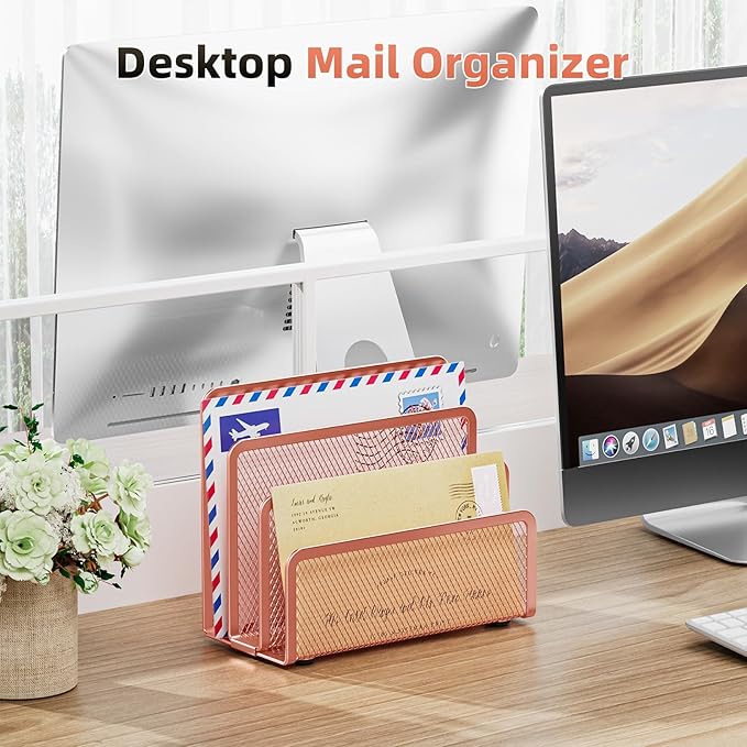 Marbrasse Mail Organizer for Desk, 3-Slot Mesh Metal Mail Holder countertop - Image 4