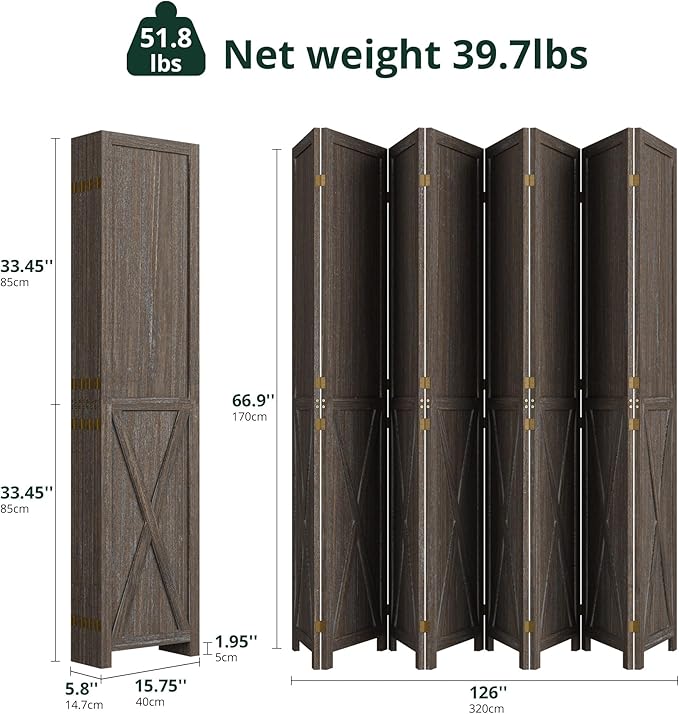 Cozy Castle Wood Room Divider, 8 Panels Folding Privacy Screen, 66.9'' Wall - Image 2