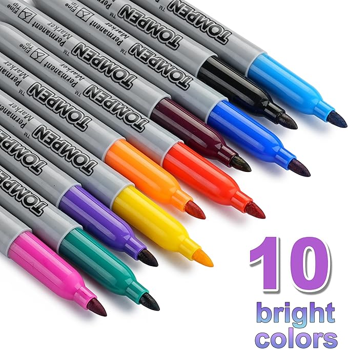 TOMPEN Permanent Markers Fine Tip 100 Pack Bulk, 10 Assorted Colors, Waterproof - Image 2