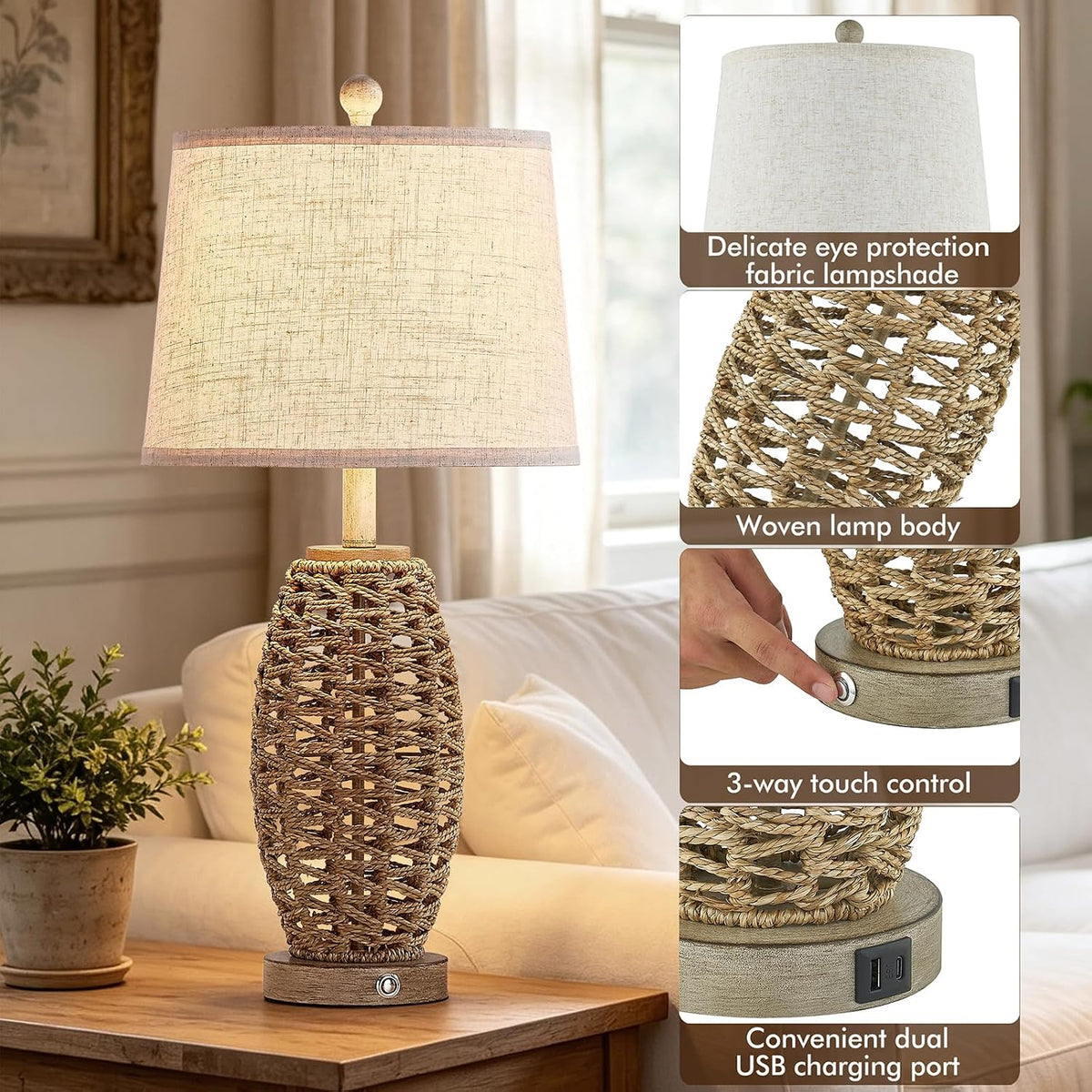 Rattan Table Lamp for Living Room, Dimmable Touch Lamp for Bedside Table in B...