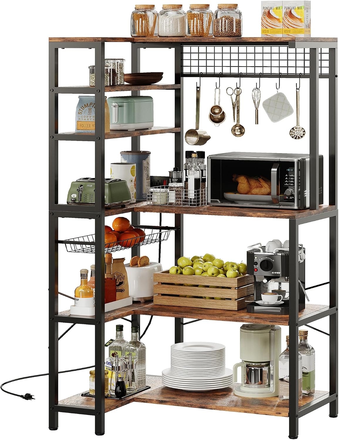 IRONCK Bakers Rack with Storage, Corner Coffee Bar with Power Outlet