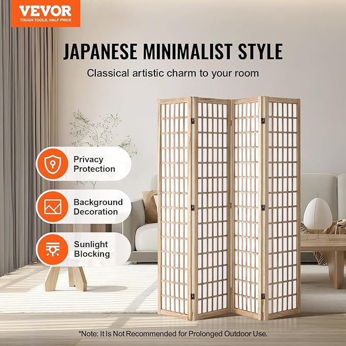 VEVOR Room Divider, 4 Panel Japanese Room Divider, Folding Privacy Screen Indoor - Image 2