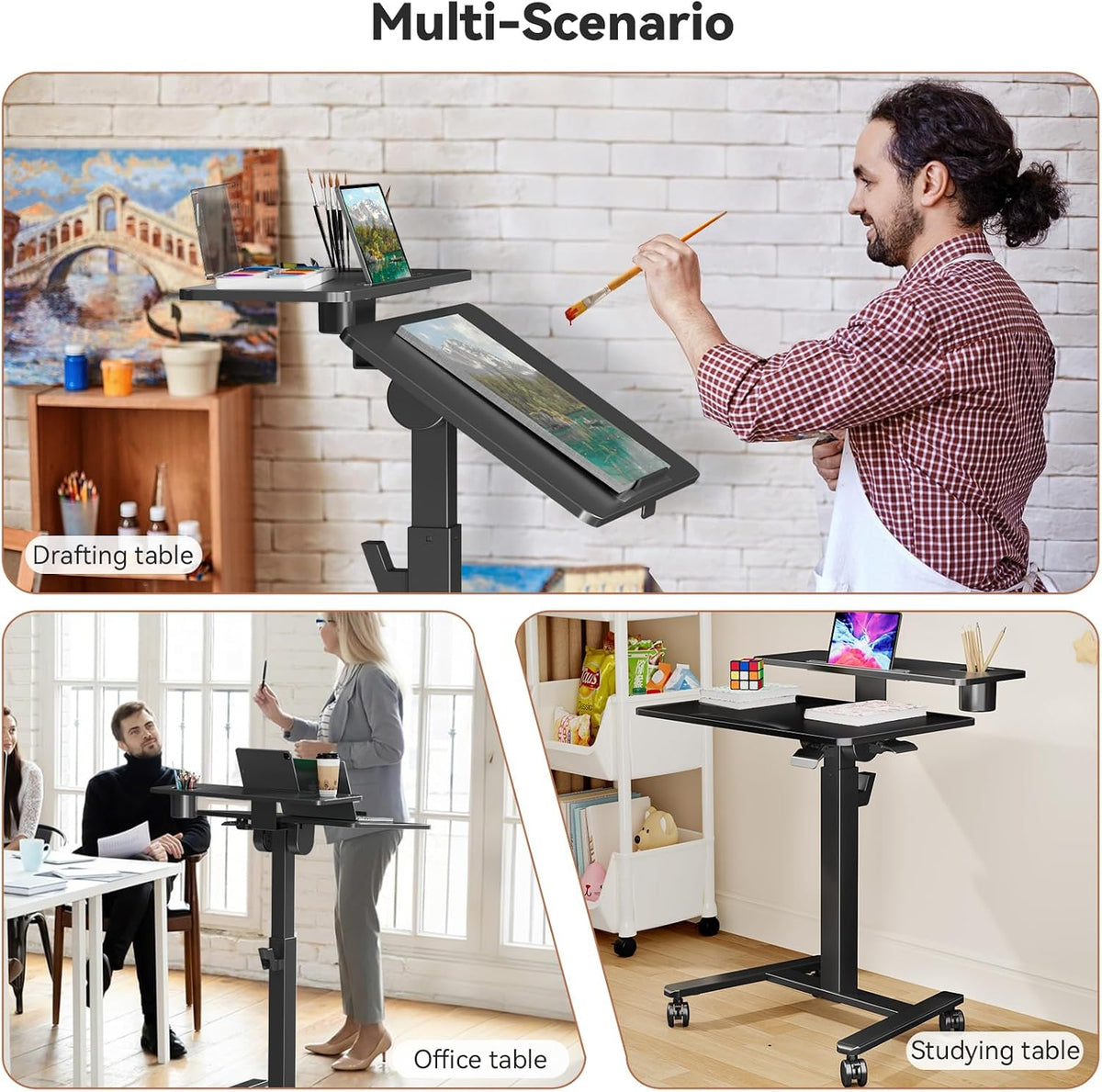 28" Mobile Standing Desk, Tiltable Top with 2-Tier Shelves, Black