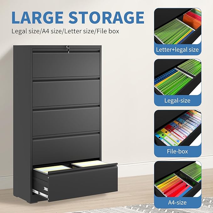 FLIXELIO 5 Drawer File Cabinets, Metal Office Storage Filing Cabinet - Image 4