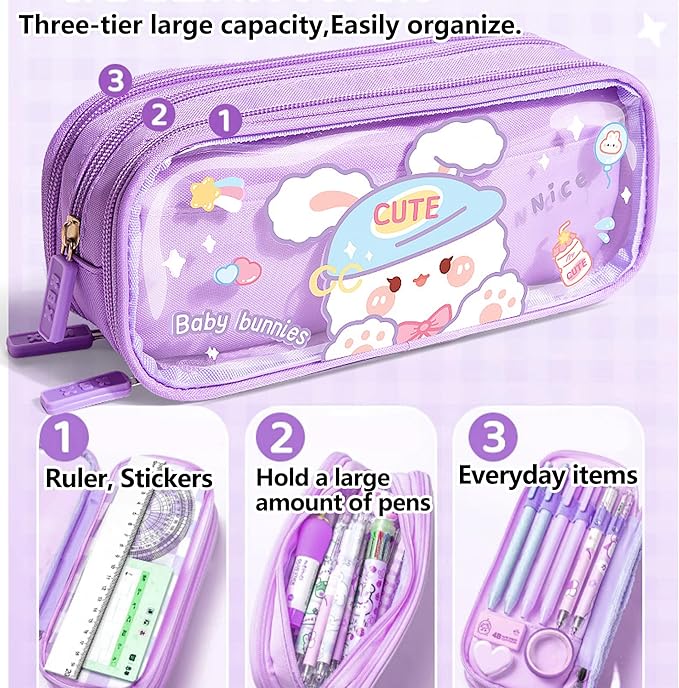UINSUE Cute Pen case Adorable Bunny Transparent 3-Layer Large Capacity Pencil - Image 2