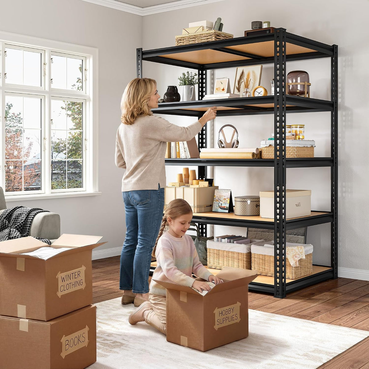 roomfave garage shelving heavy duty, 5 tier,72" h shown in use