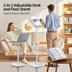2-in-1 Floor Music Stand & Desktop Book Stand, 16.5"–51" Height Adjustable | Premium Wood Panel, Floor Reading Stand with Page Clip for Sheet Music, Cookbooks & Projector (White, 11.8" × 16.5" Panel)