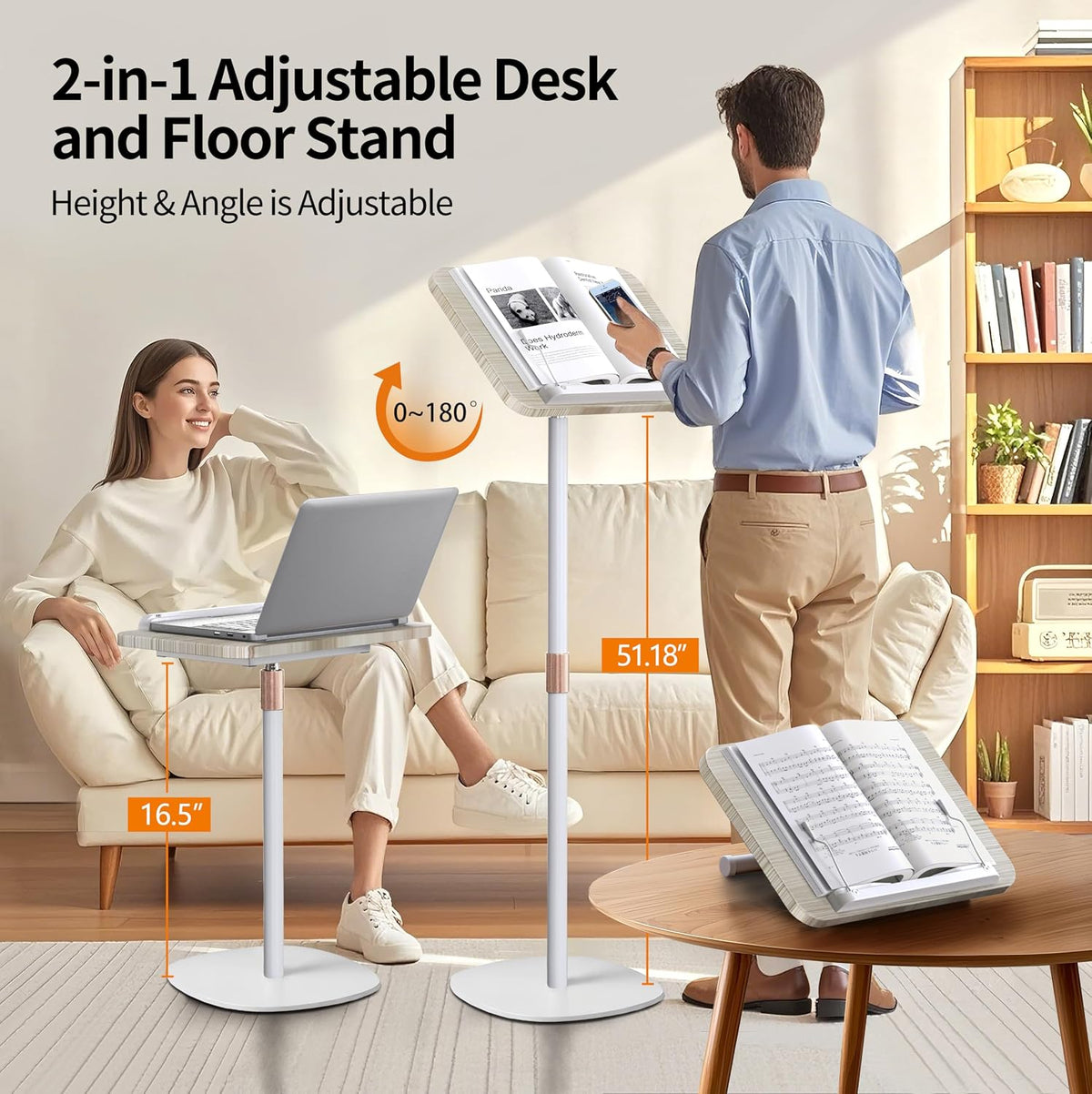 2-in-1 Floor Music Stand & Desktop Book Stand, 16.5"–51" Height Adjustable | Premium Wood Panel, Floor Reading Stand with Page Clip for Sheet Music, Cookbooks & Projector (White, 11.8" × 16.5" Panel)