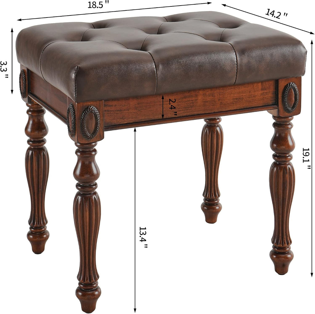 Wood Writing Desk Stool Set, Small Secretary Desk Set-Cheery&Brown | Vintage Vanity Makeup Table Set, 39.4" W Wood Computer Desk Chair Set for Home Office, 2 Drawers Desk&Button-tufted Stool Set