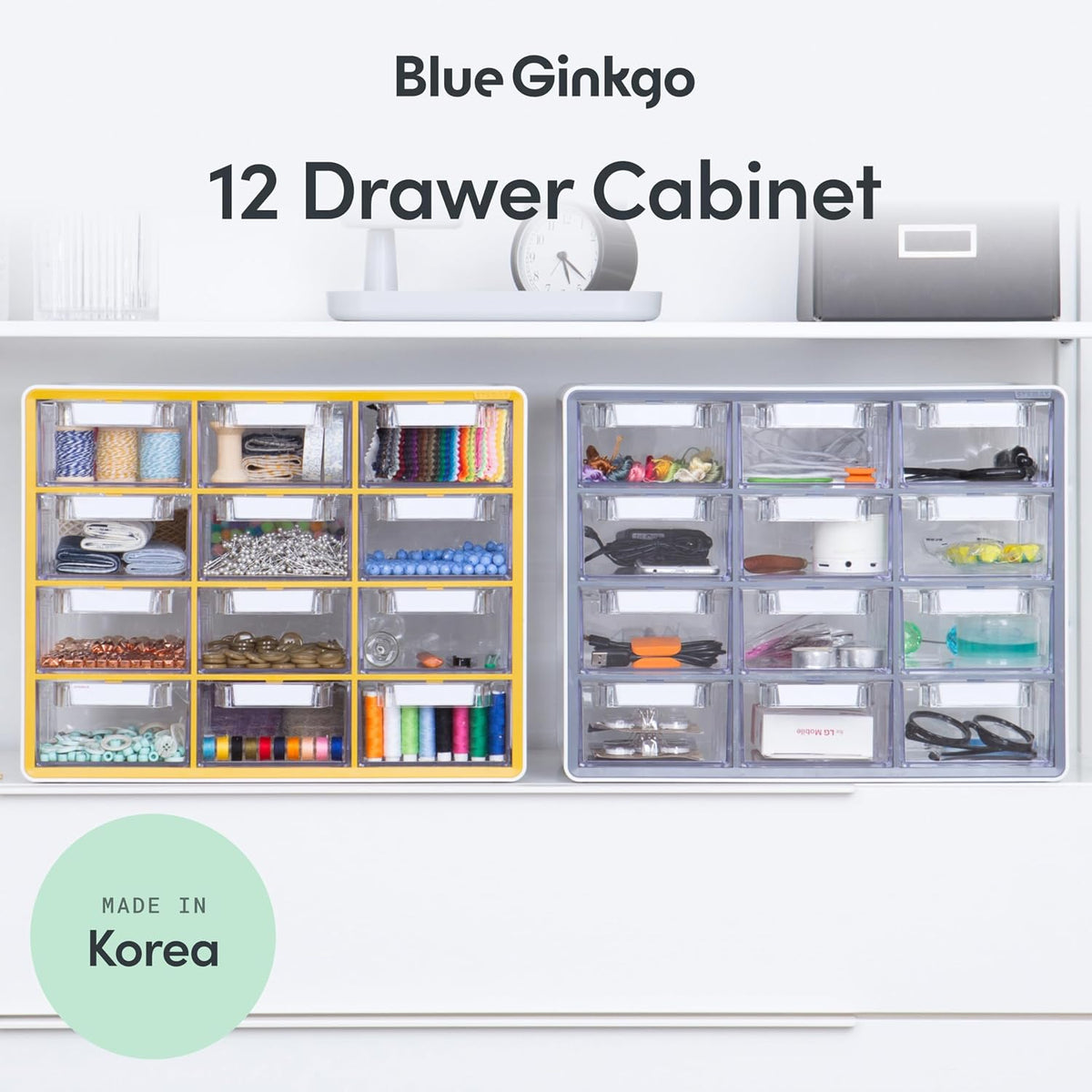 Blue Ginkgo 12-Drawer Storage Cabinet Organizer, Grey, Made in Korea