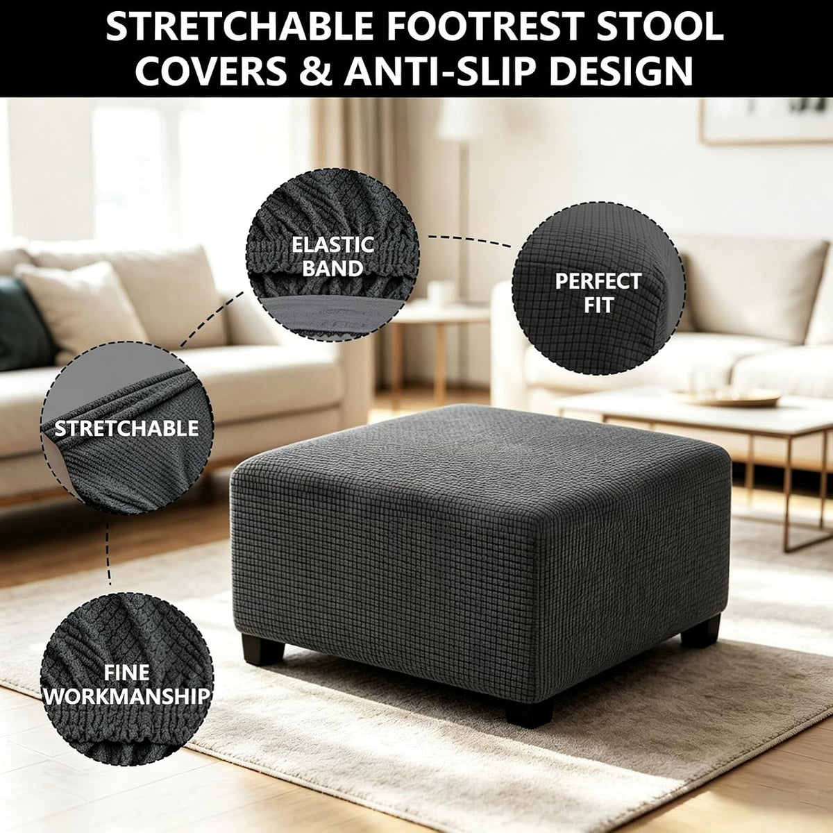 Ottoman Cover Square Stretch Stool Slipcover Rectangle Washable