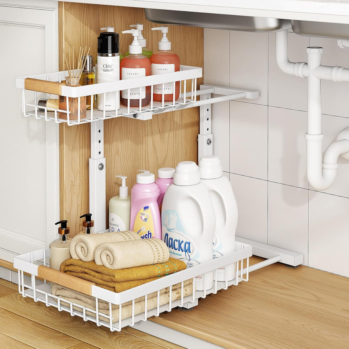 PXRACK Under Sink Organizer, Adjustable Height, 2 Tier Pull Out Under Cabinet...