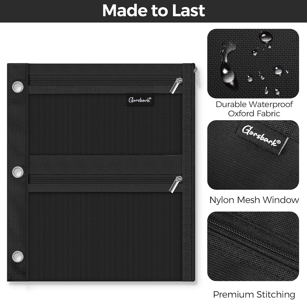 3-Ring Binder Pencil Pouch, Zipper Organizer with 3 Compartments, Mesh Window & Metal Grommets, Durable Oxford Pen Case for School Office Supplies Black