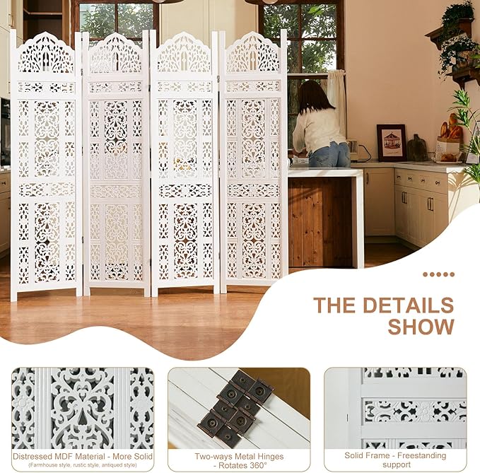 5.75Ft Room Divider Wood Screen, 33Lbs Durable Antiqued Style MDF Carved - Image 4