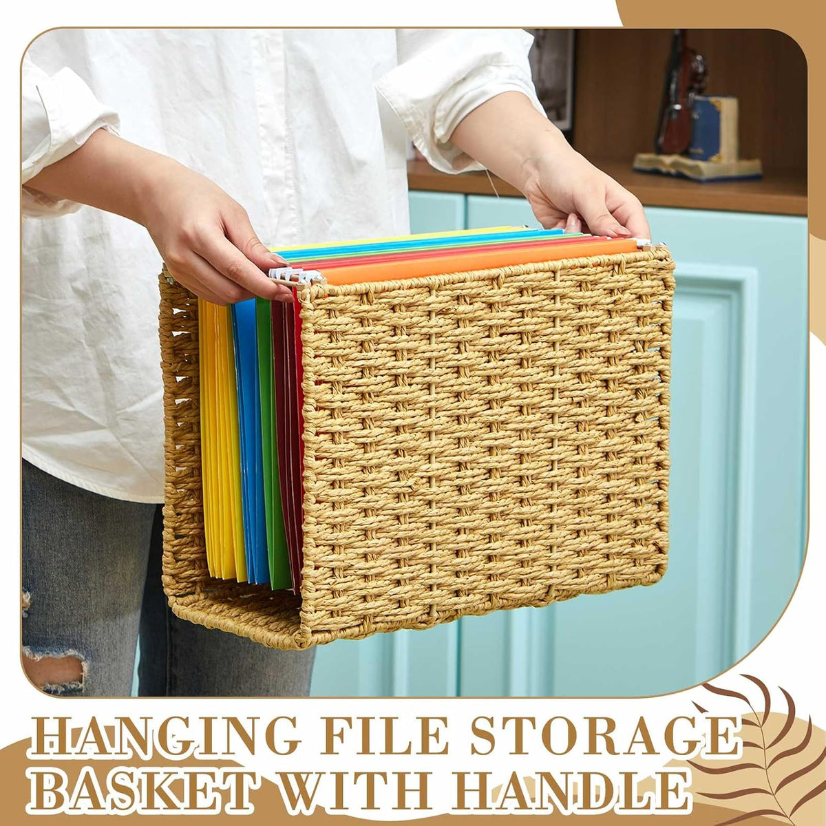 Paper Rope Hanging File Basket with Handle 13.6" x 9.8" x6.6",...