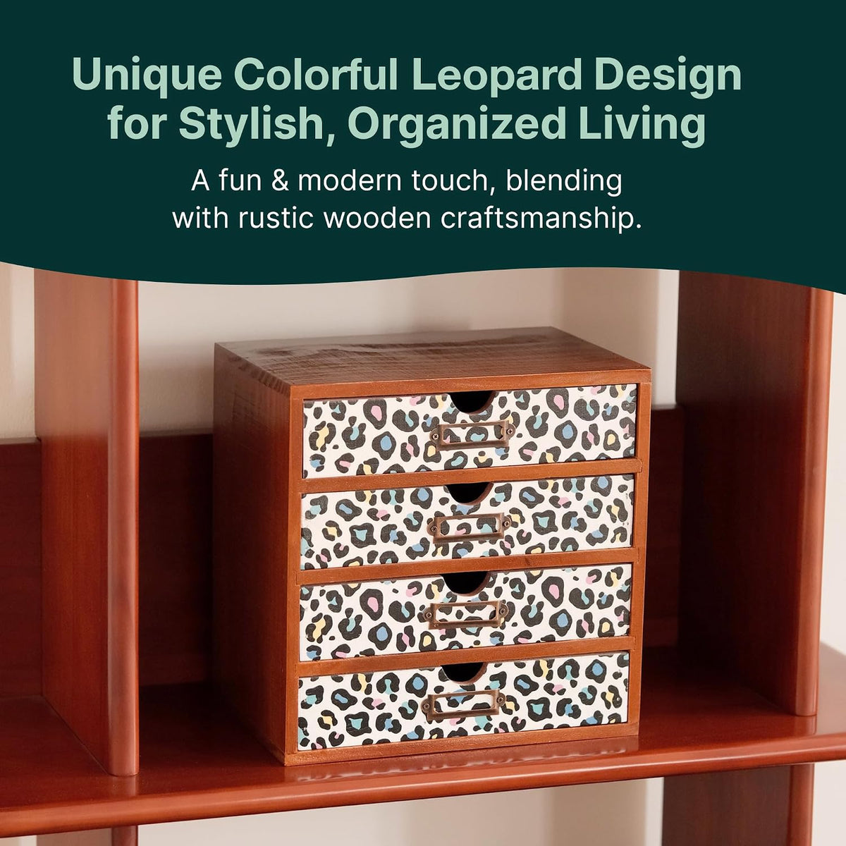 Colorful Leopard Print Wooden Desk Organizer - 4-Drawer Desktop Storage Cabin...