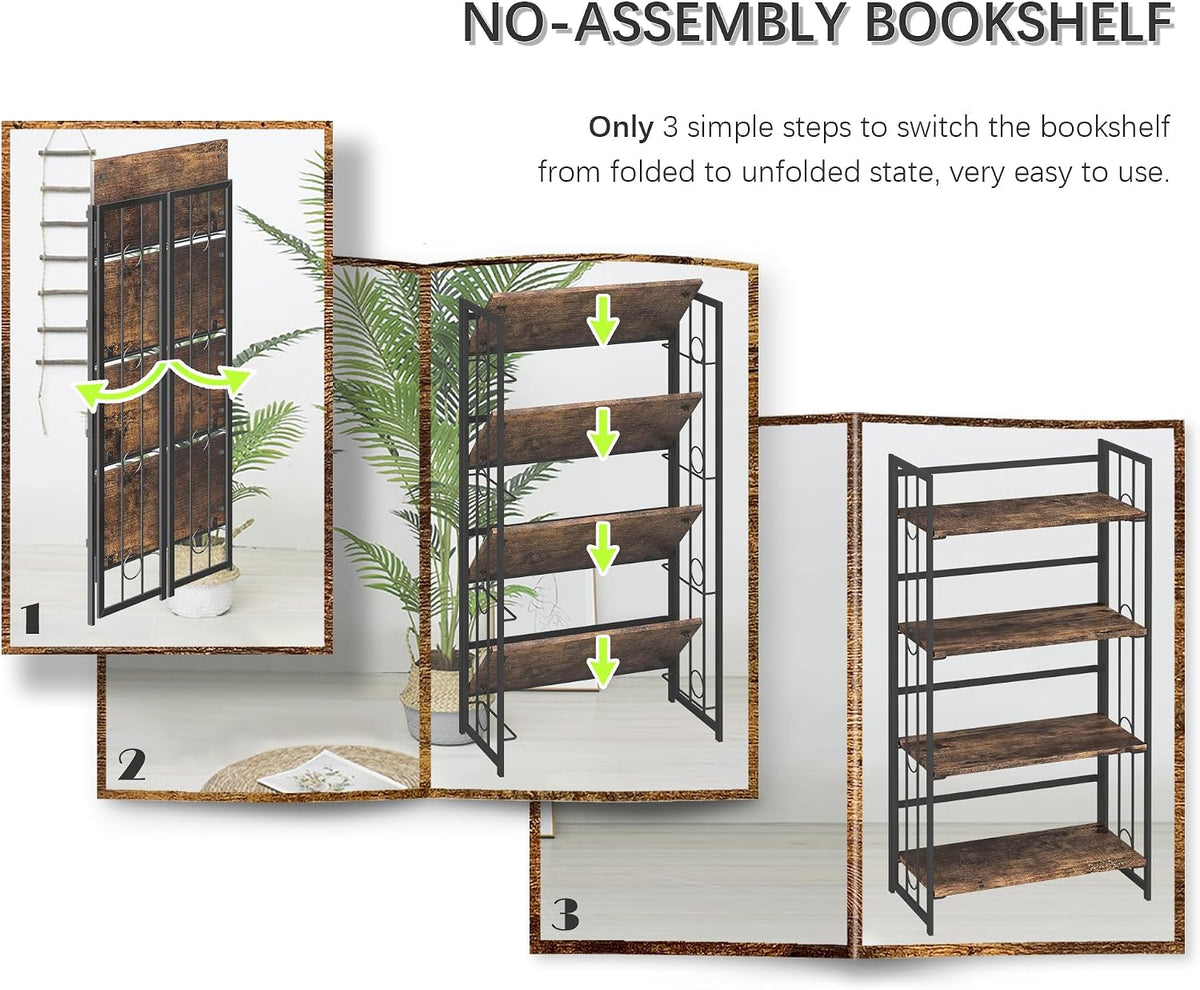 4NM No Assembly 4 Tiers Folding Bookshelf, 47.2" H Foldable Storage Shel...