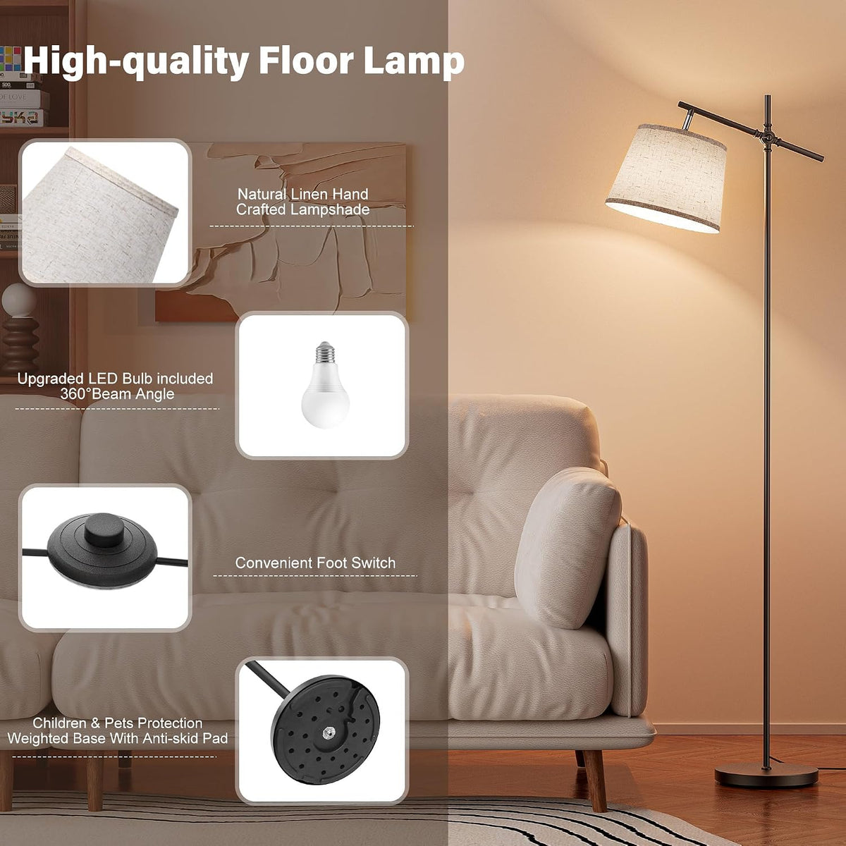 SIBRILLE Floor Lamp with Linen Shade, Dimmable Tall Standing Lamp with Remote...