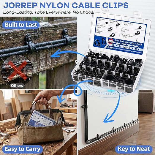 JORREP 322PCS Black Cable Clips R-Type Nylon Wire Clips Assortment Kit 6 Sizes - Image 2