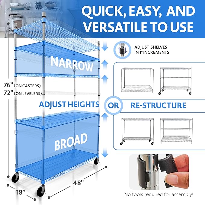 4000 LBS Heavy Duty Wire Rack 48 x 18 x 76, 5-Tier NSF Commercial Rolling Rack - Image 6