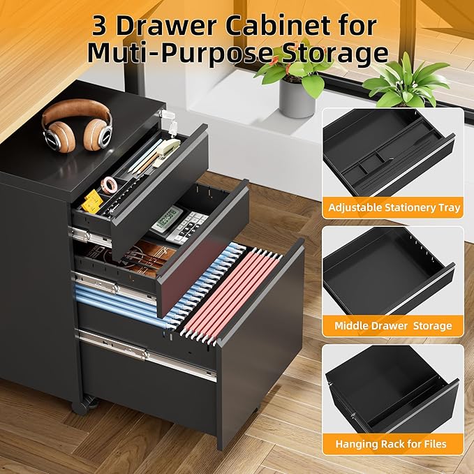 INTERGREAT 3 Drawer File Cabinet, Metal Filling Cabinets - Image 5