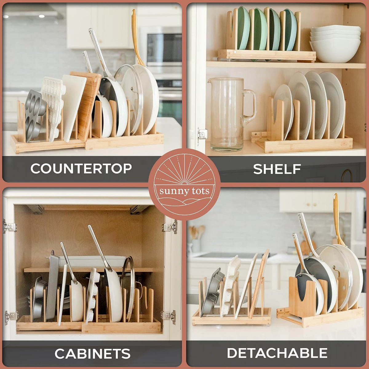 Pot and Pan Organizer for Under Cabinet – Bamboo Pot Lid Organizer for Cabine...