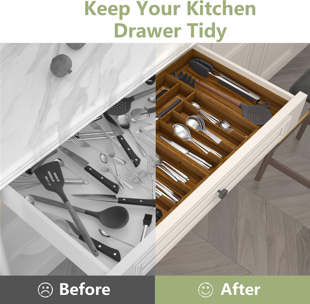 Suli Extra Large Silverware Drawer Organizer,Expandable 22in to 37in,Acacia