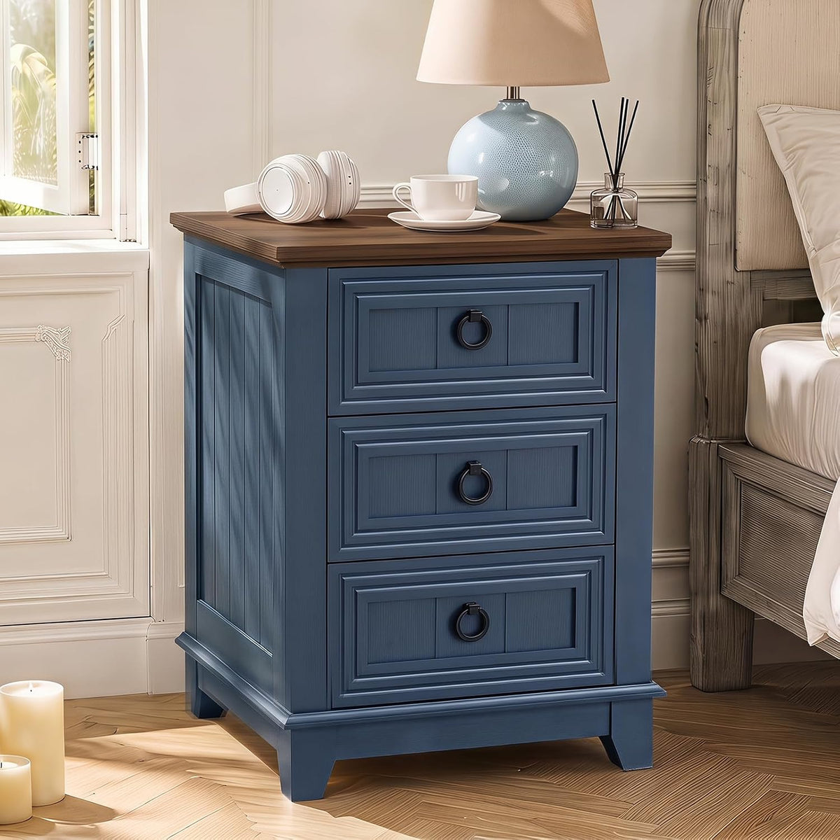 Joaxswe Farmhouse Nightstand, 18'' End Table with 3 Drawer Metal Handle