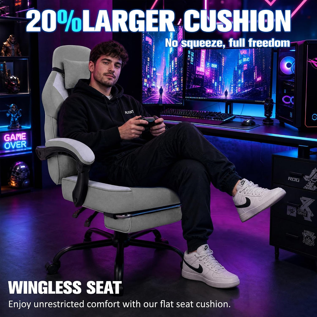 Gaming Chair for Adults with Massage Lumbar Support, Fabric Grey