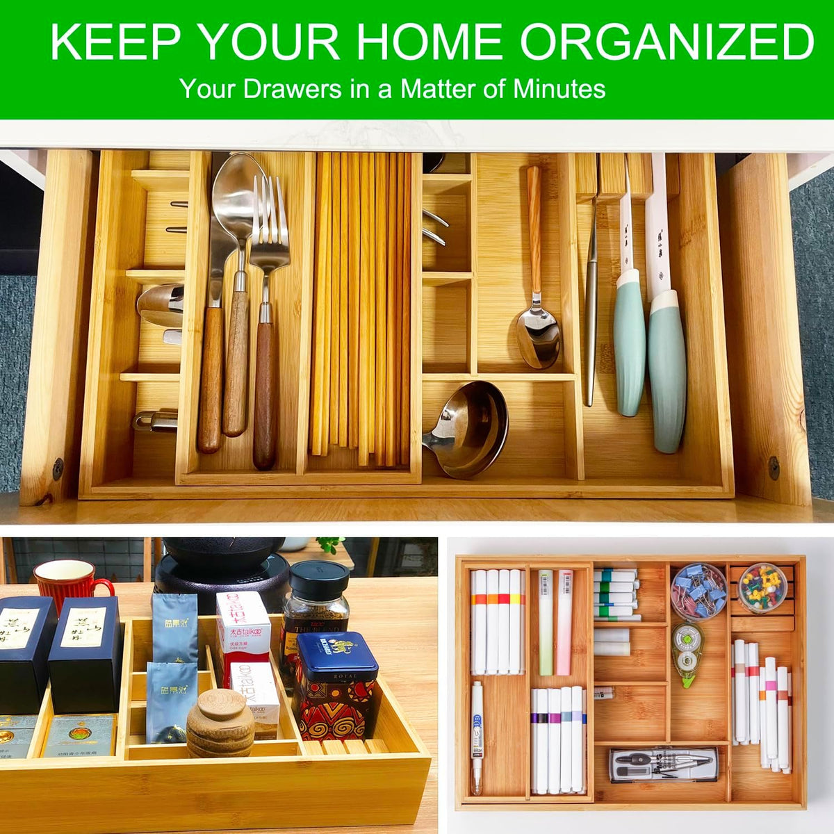 COIWAI Two tier Bamboo kitchen Drawer Organizer Cutlery Utensil Silverware Or...