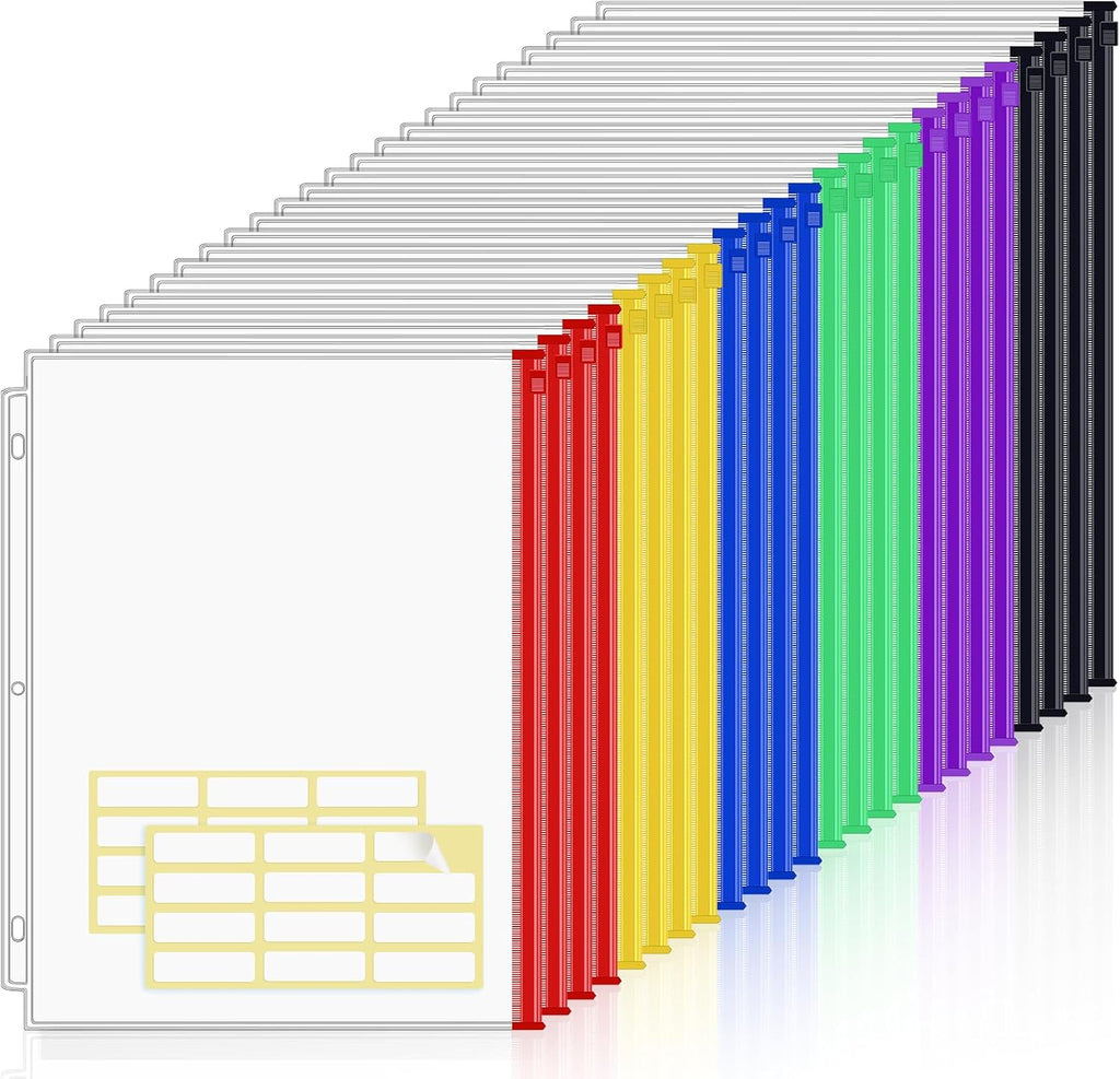 KTRIO 24 Pack Binder Pockets, 8.5 x 11 Colored Zipper Pouches for Binders | Thickened PVC Document Folders, 3 Holes Pre-Punched Fits Standard Binder Letter-Size Paper Storage, Business Office Supplies