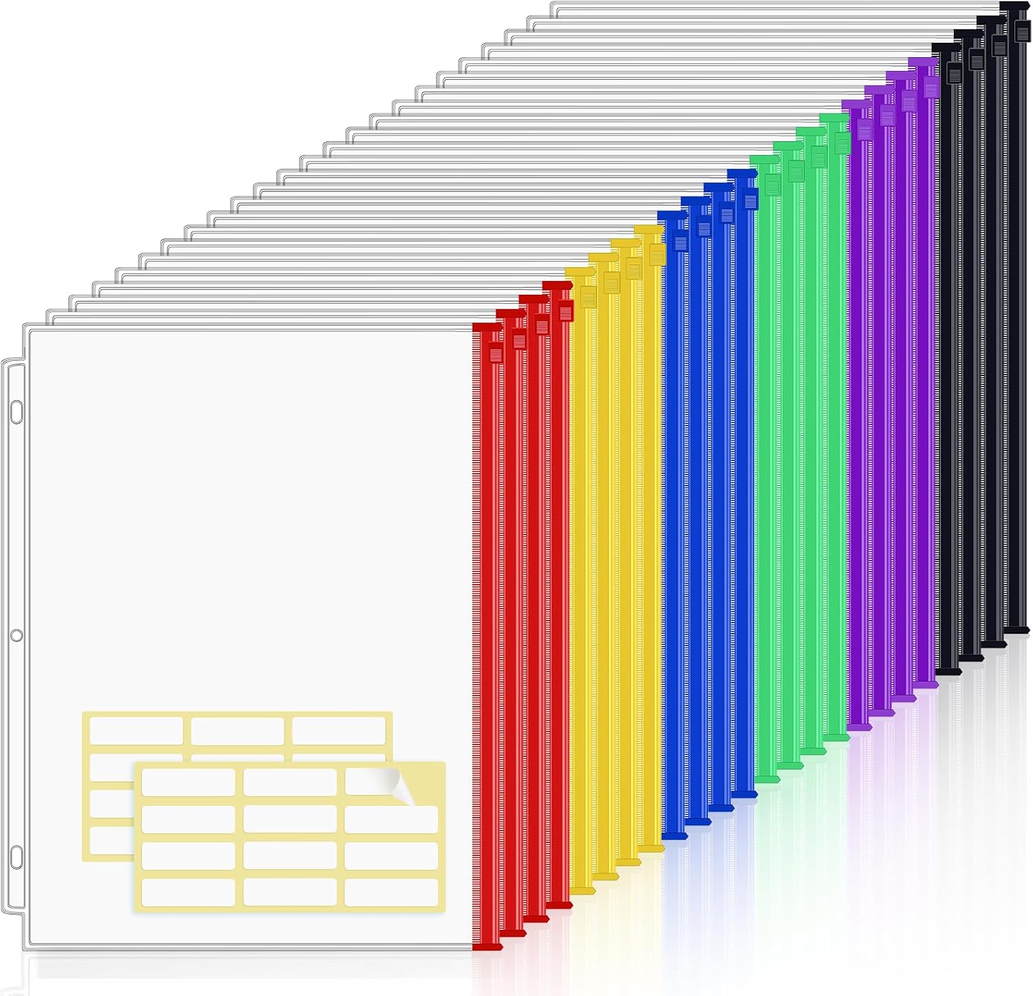 KTRIO 24 Pack Binder Pockets, 8.5 x 11 Colored Zipper Pouches for Binders | Thickened PVC Document Folders, 3 Holes Pre-Punched Fits Standard Binder Letter-Size Paper Storage, Business Office Supplies