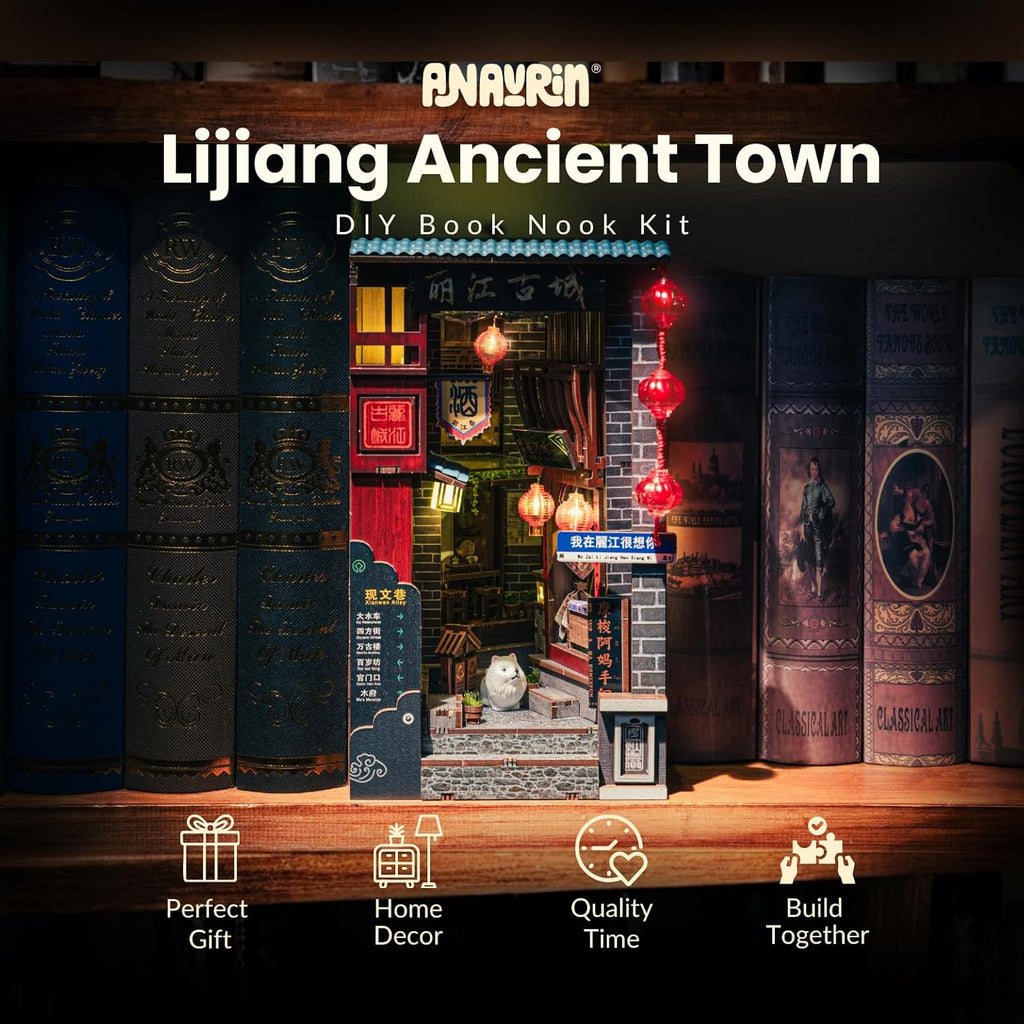 Lijiang Ancient Town DIY 3D Wooden Booknook for Adults, Teens and Book Lovers, Bookshelf Insert Library Decor, Creative Gift for Family, Friends, and Elderly