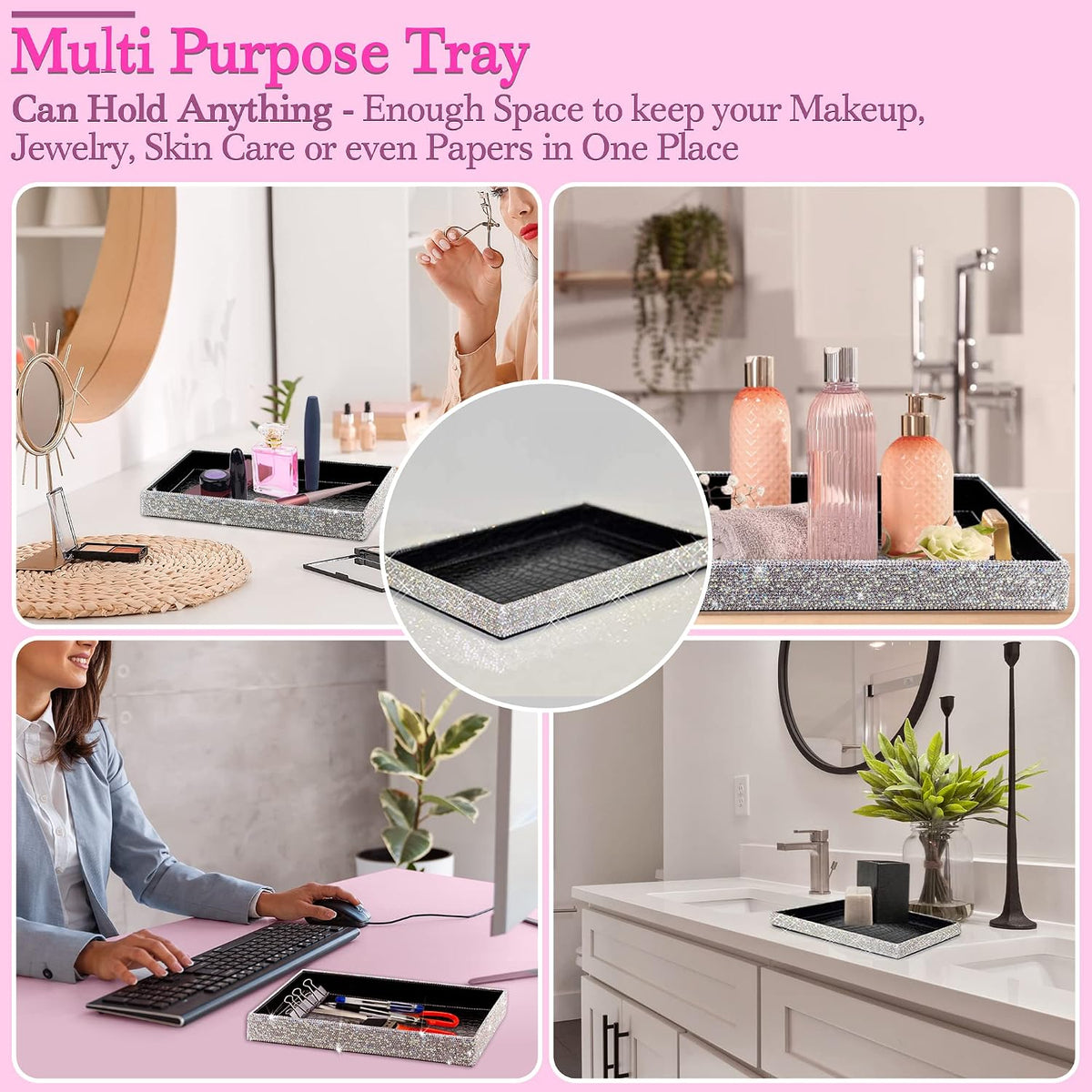 TISHAA Bling Decorative Tray Holder – Makeup Cosmetic Jewelry Ring Key Displa...