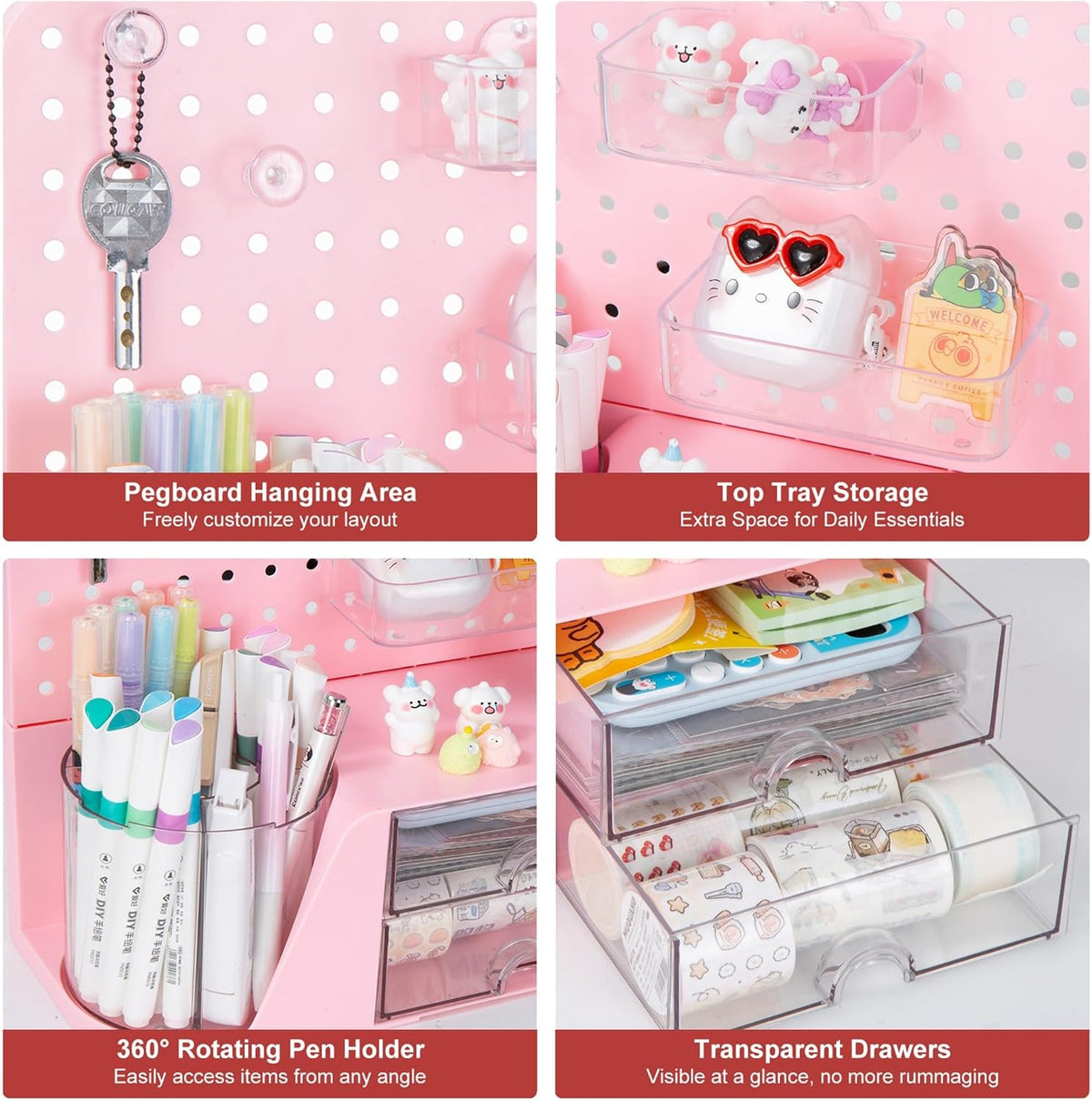 comix desk organizer with 2 drawer, pink 360°, side view