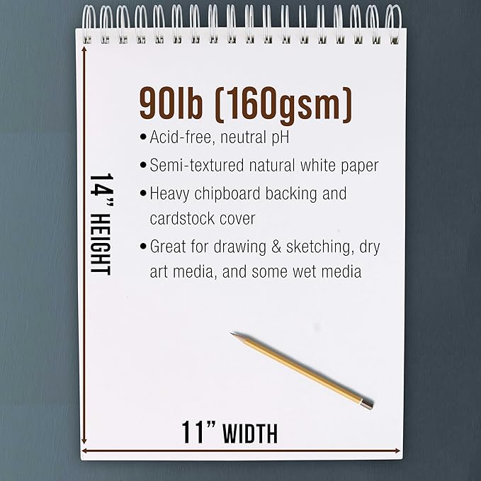 U.S. Art Supply 11”x14 Premium Heavy-Weight Paper Spiral Bound Sketch Book: 90 - Image 3