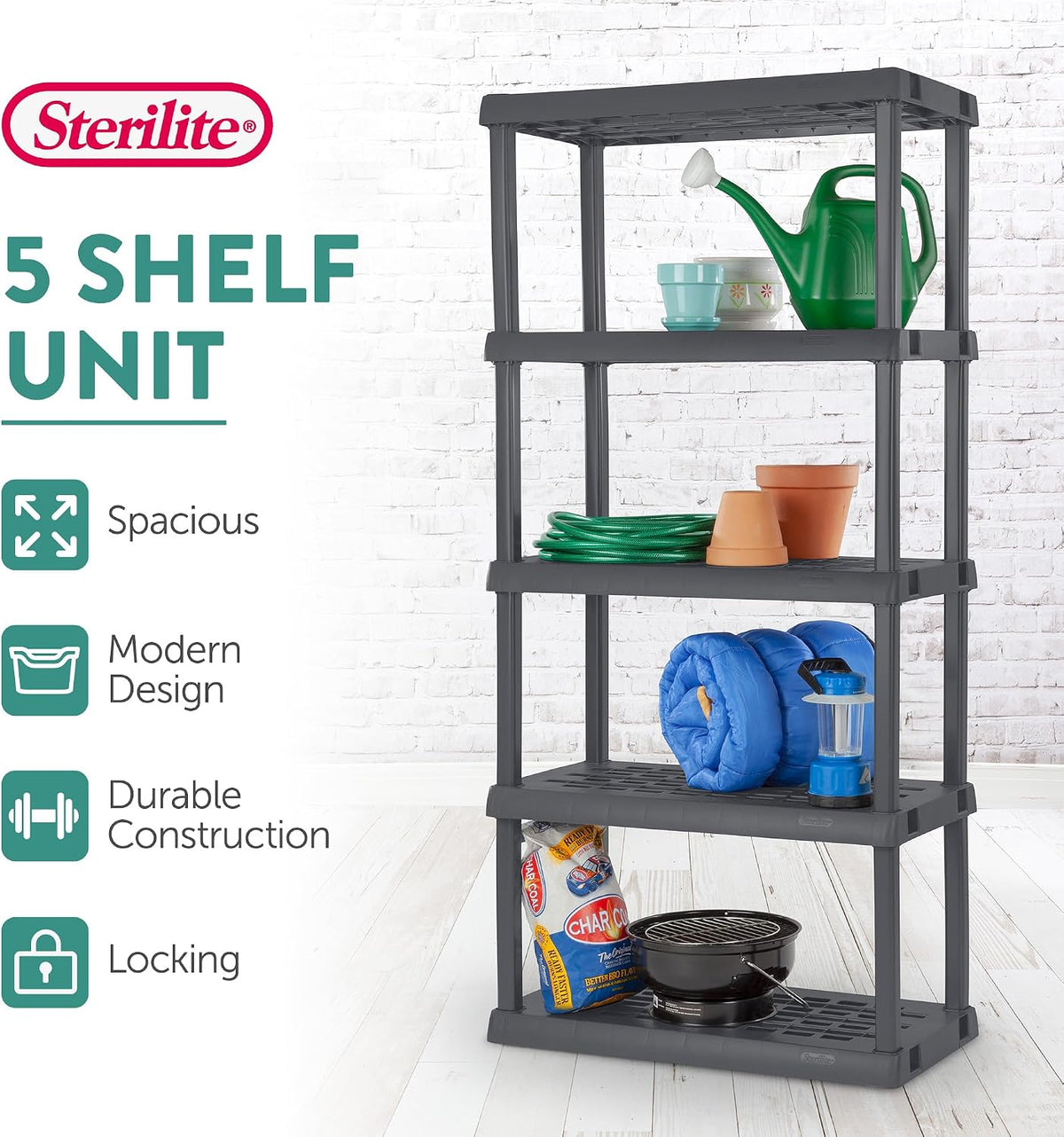 sterilite 5 shelf unit, heavy-duty plastic storage &, side view
