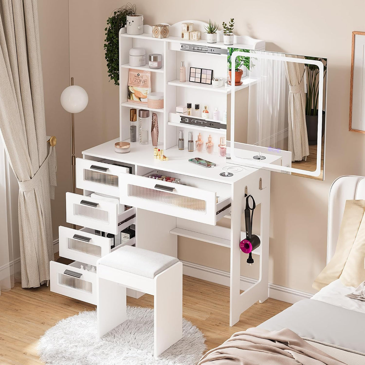 HNEBC Makeup Vanity Desk with Sliding Lighted LED Mirror&USB Port,White