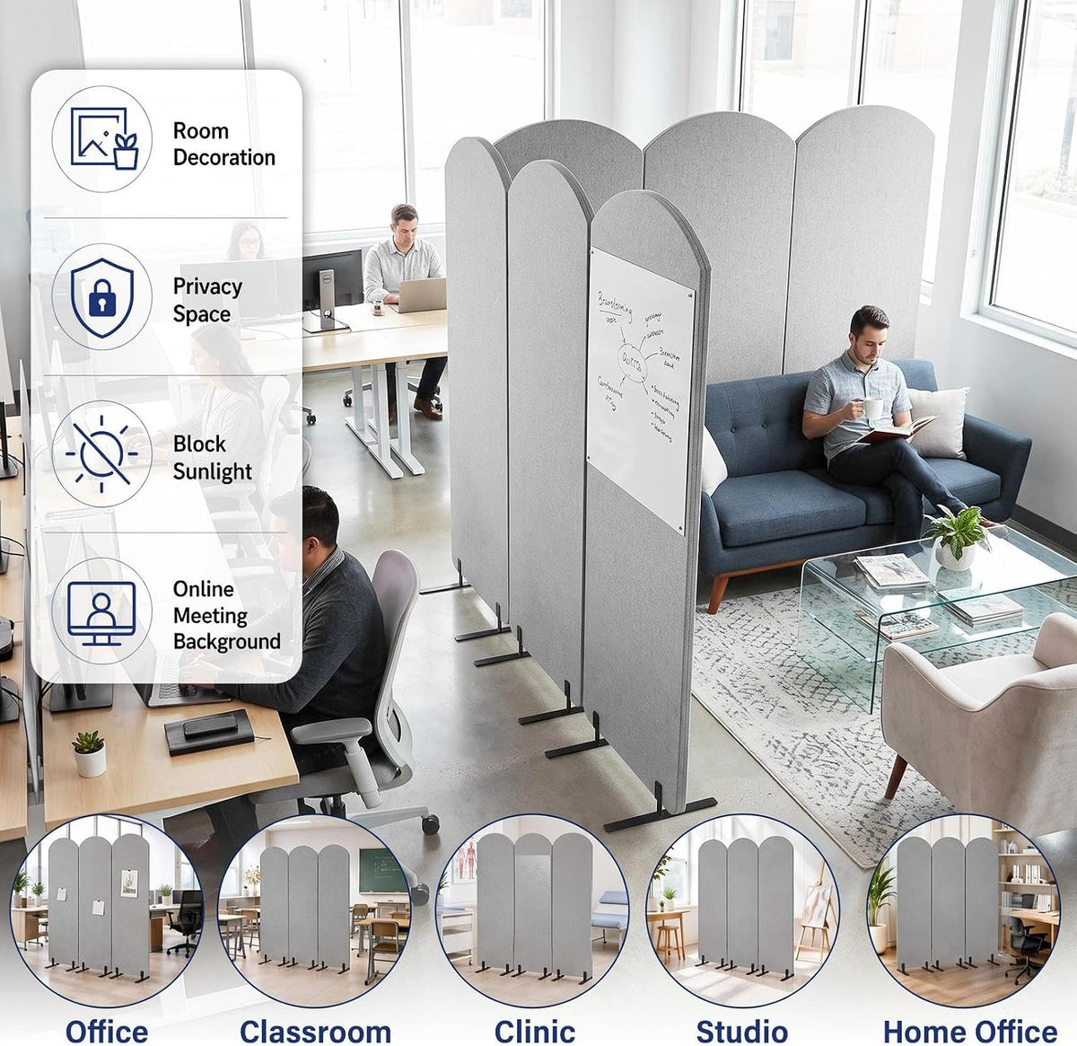 3 Panel Office Partitions with Whiteboard, 72" x 66" Temporary Wall...