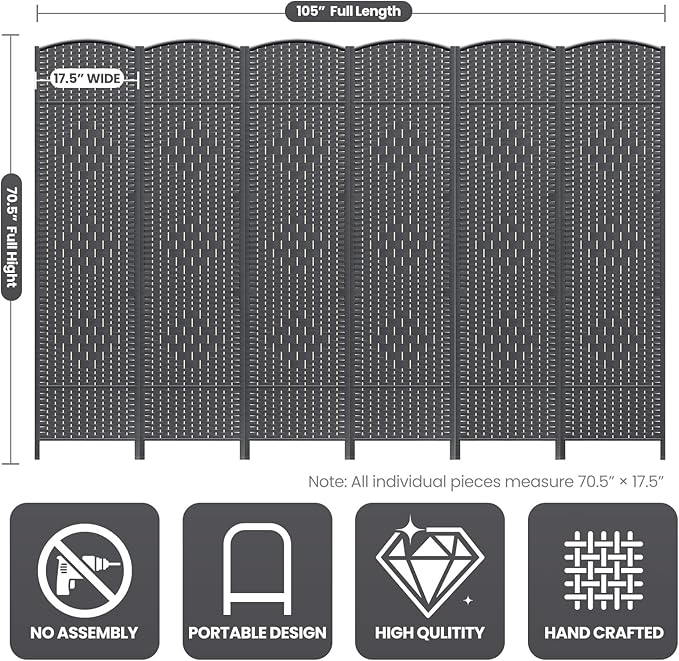Cocosica 6 Panel Room Divider, 6Ft Folding Privacy Screen, Tall - Image 3