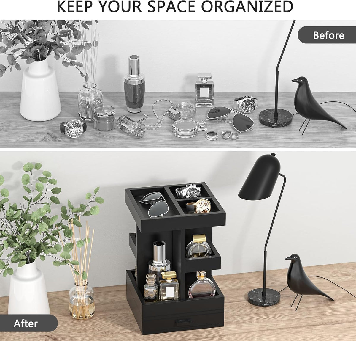 Rotating Cologne Organizer for Men, 3 Tier Wooden Stand with Drawer
